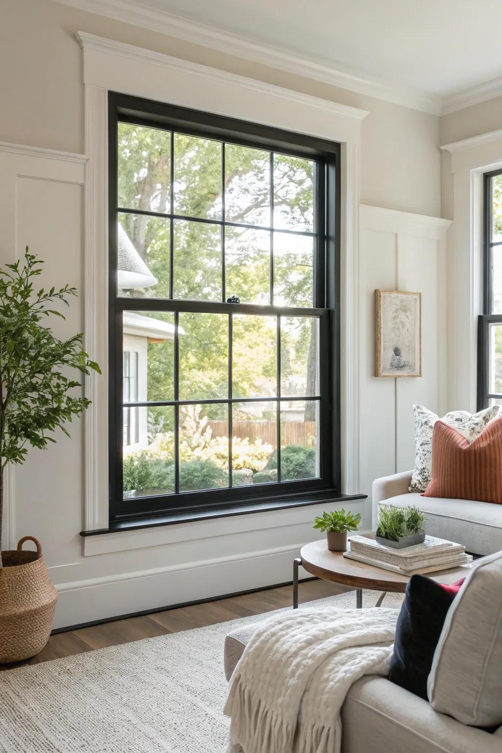 Black trim adds a dramatic contrast to bright walls.