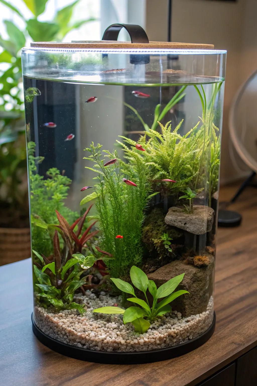 An aquatic paradise with vibrant water plants and fish.