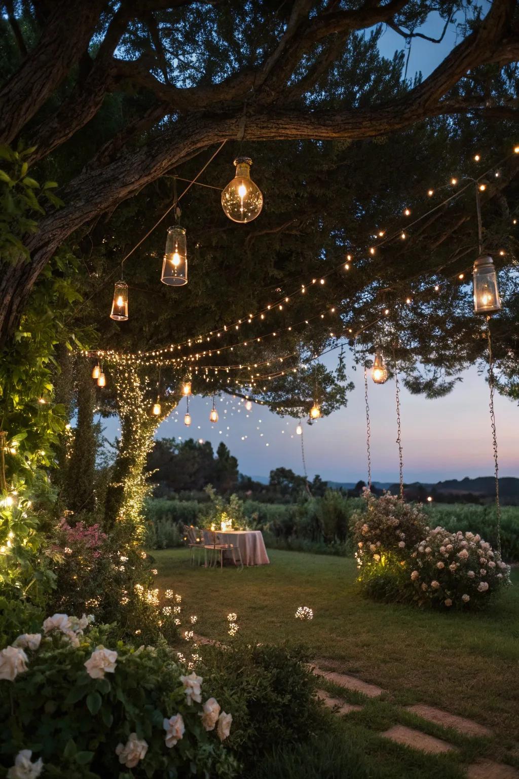 Enchanting string lights illuminate a garden party.