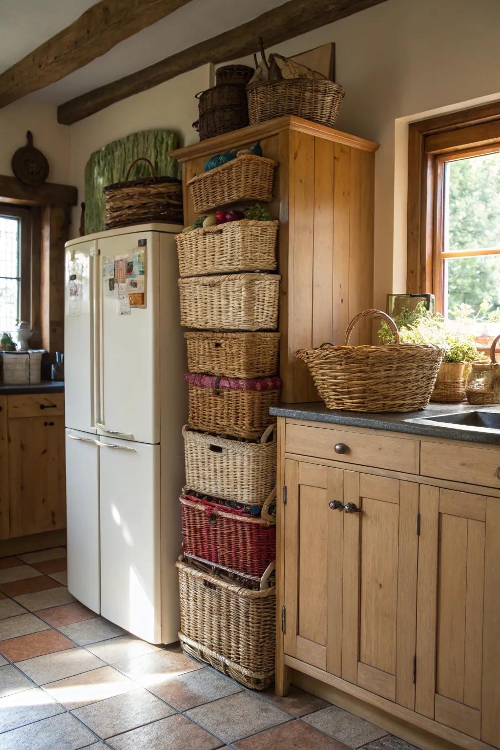 Woven baskets add both style and storage to the space above your fridge.