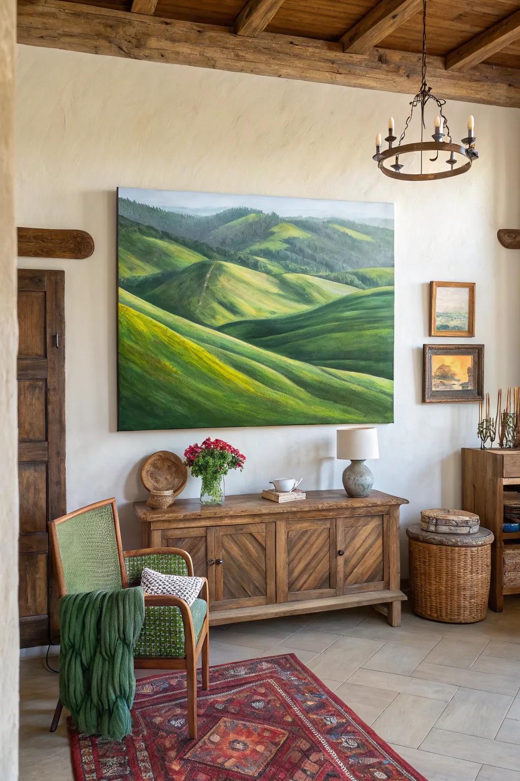 Abstract painting of rolling hills adding a touch of nature to the room