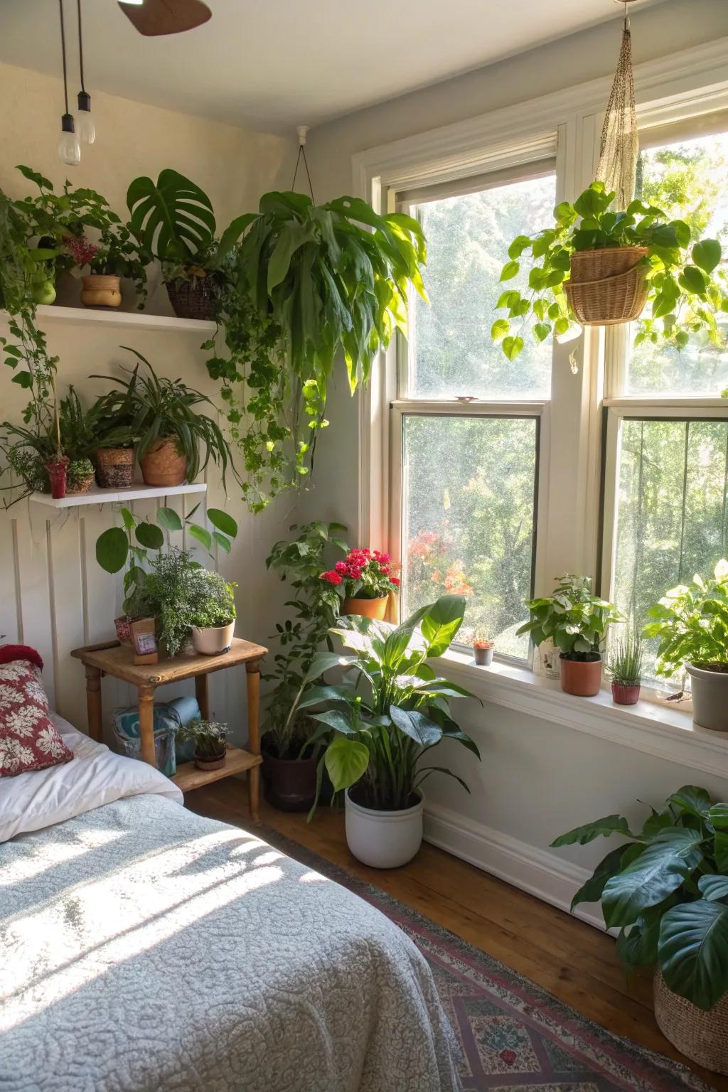 Lush plants bring nature inside the bedroom.