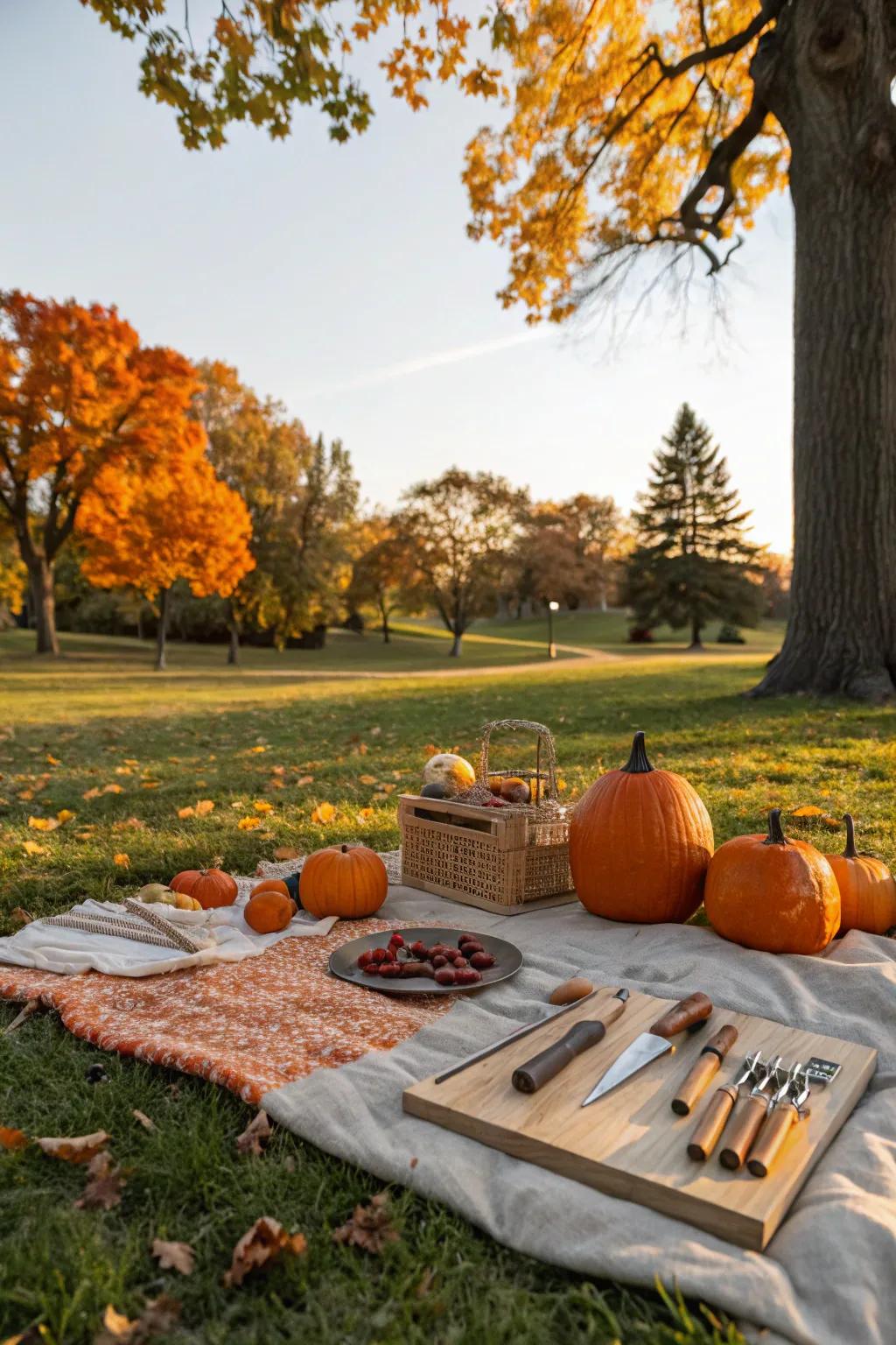 A picnic setup perfect for a pumpkin carving gathering.