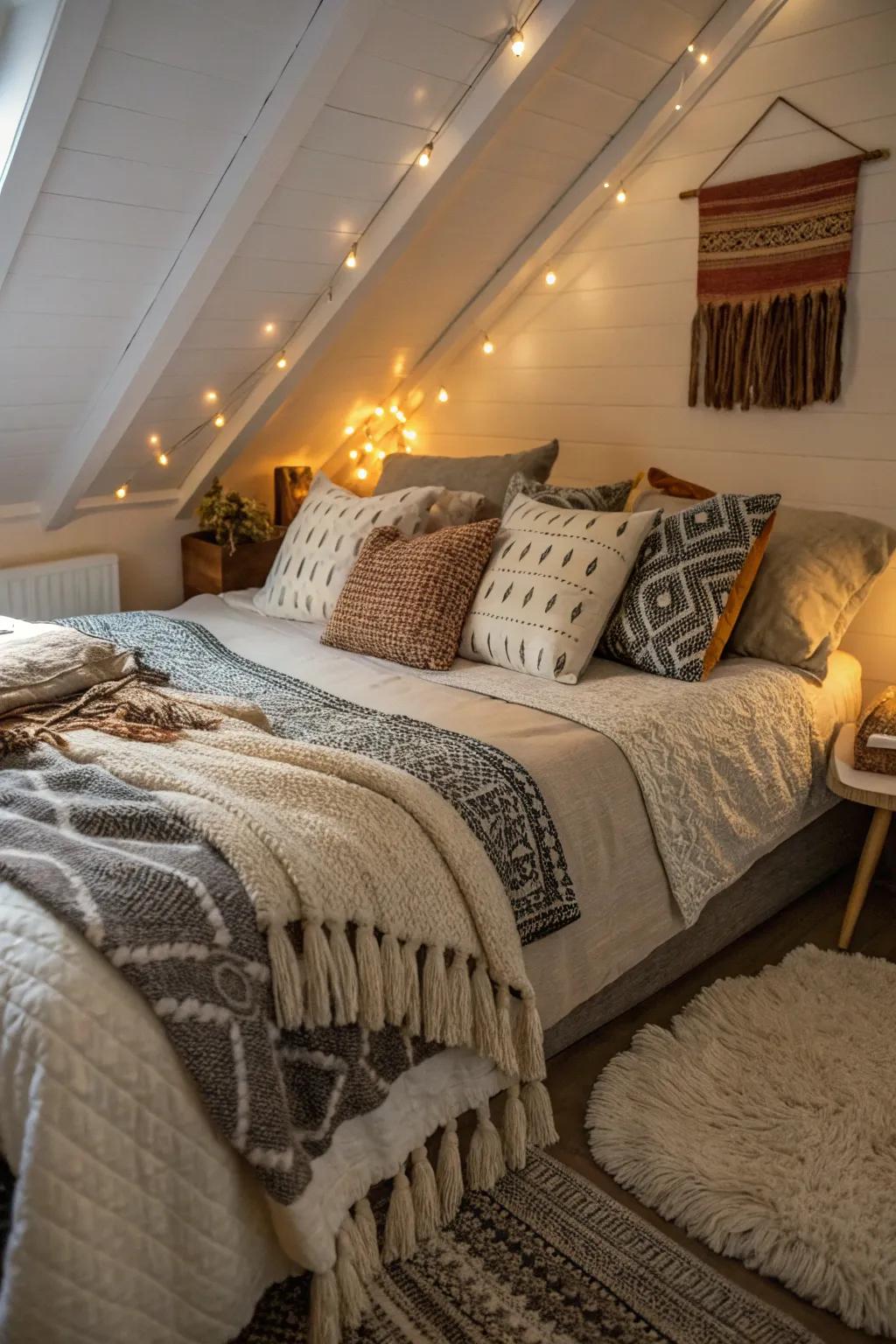 Surround yourself in coziness with layered textiles, creating a snug attic escape.