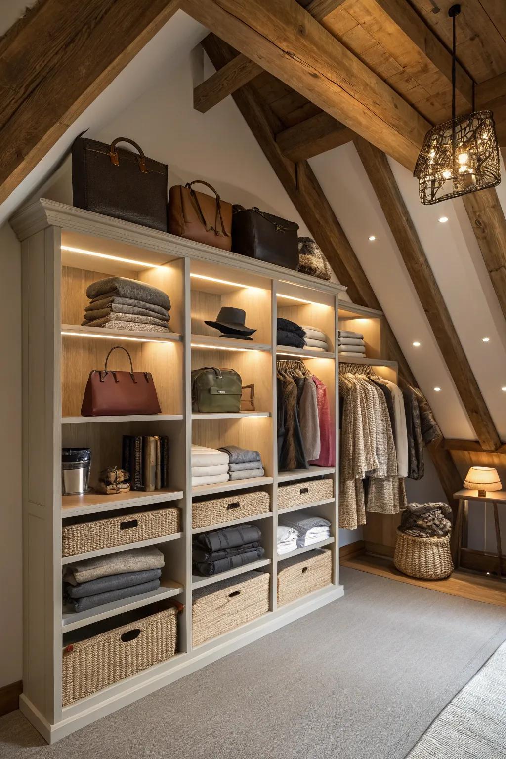 Integrated shelving presents a polished and functional storage approach.