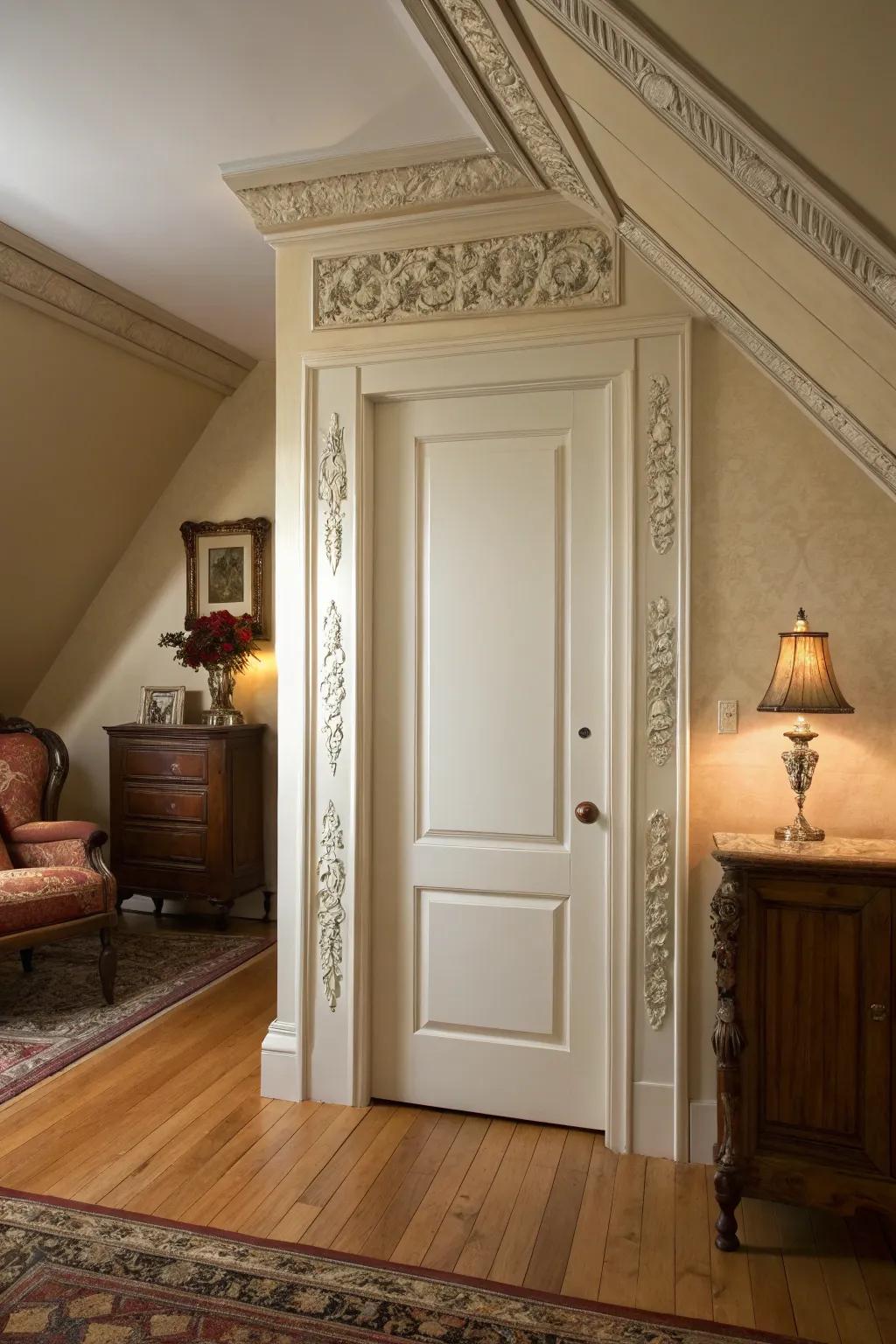 Ornate molding enriches your attic doorway with elegance.