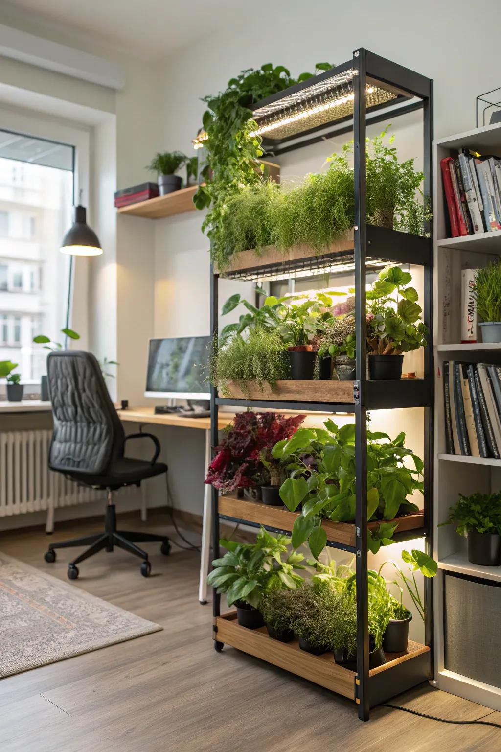 Vertical shelving with integrated grow lights showcasing vibrant plants.