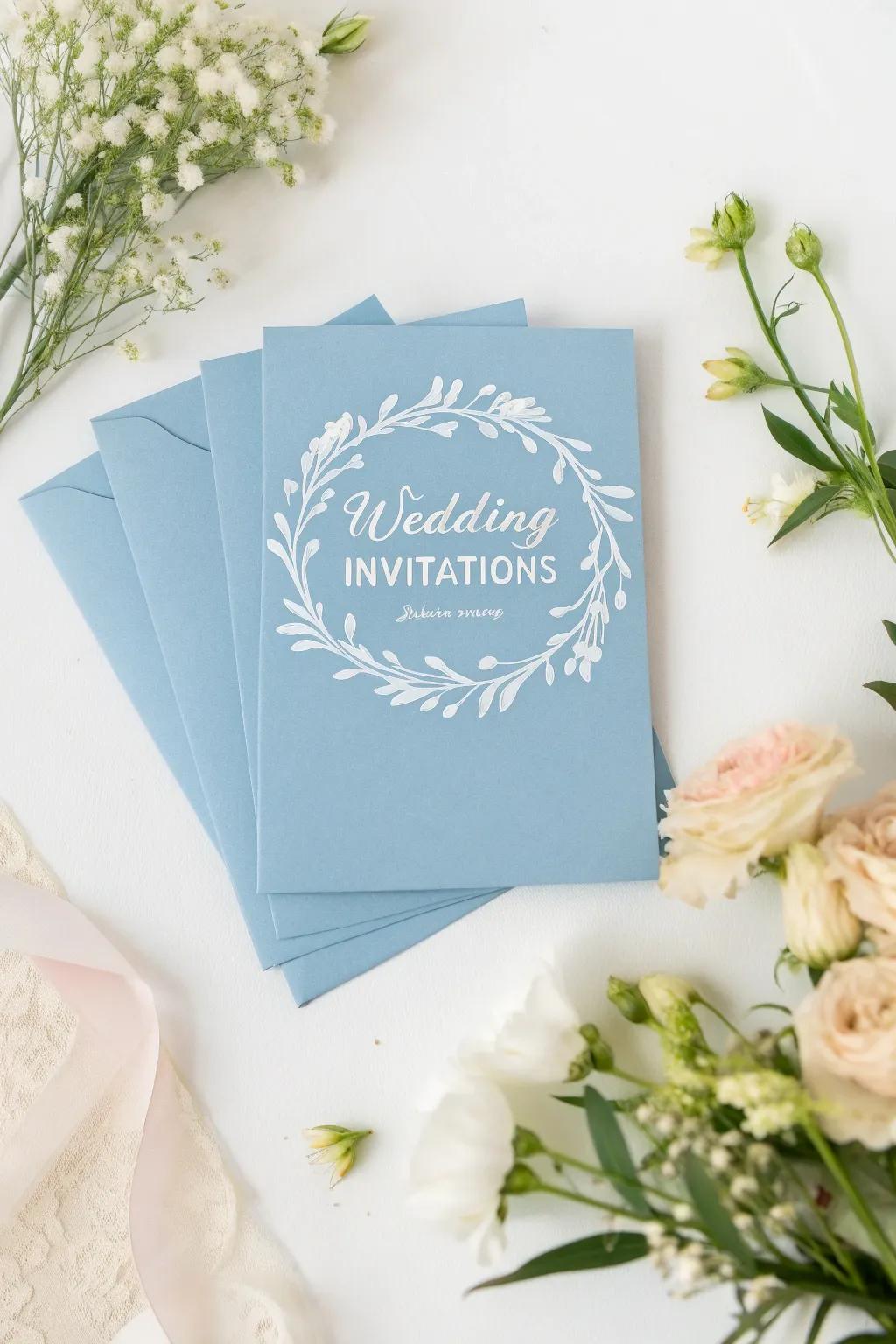 Sky-blue invitations offer a serene preview of your special day.