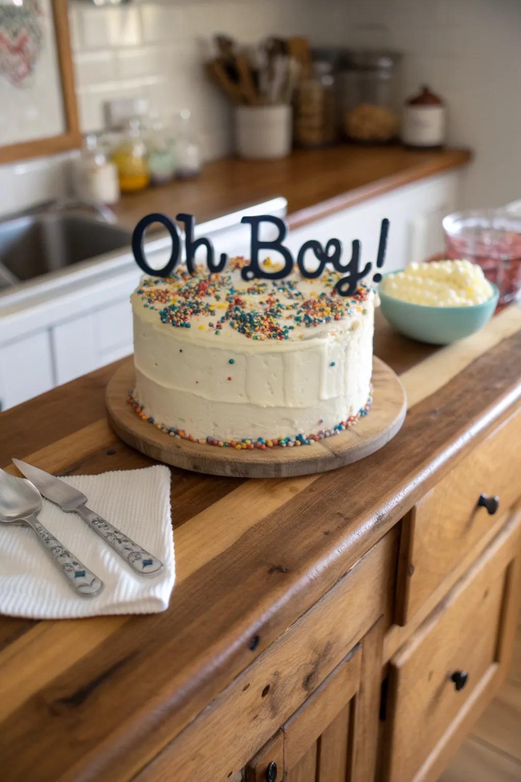 'Oh Boy!' text cake for a playful baby shower touch.