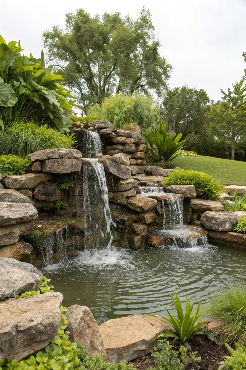 Embrace nature with a rock waterfall that brings tranquility to your backyard.