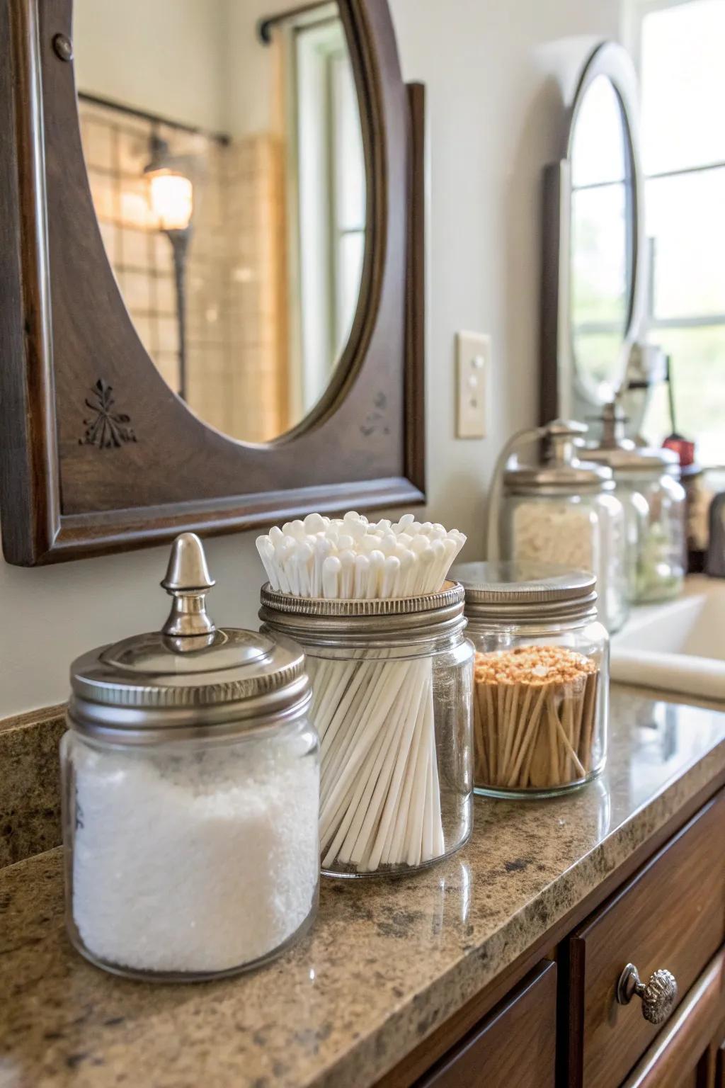 A refined bathroom organizing solution employing preserving jars.