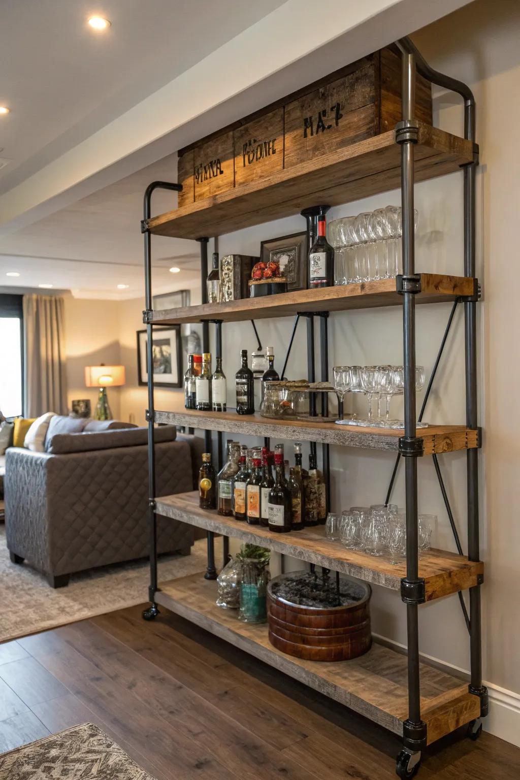 Industrial pipe shelves add an edgy touch to your bar.