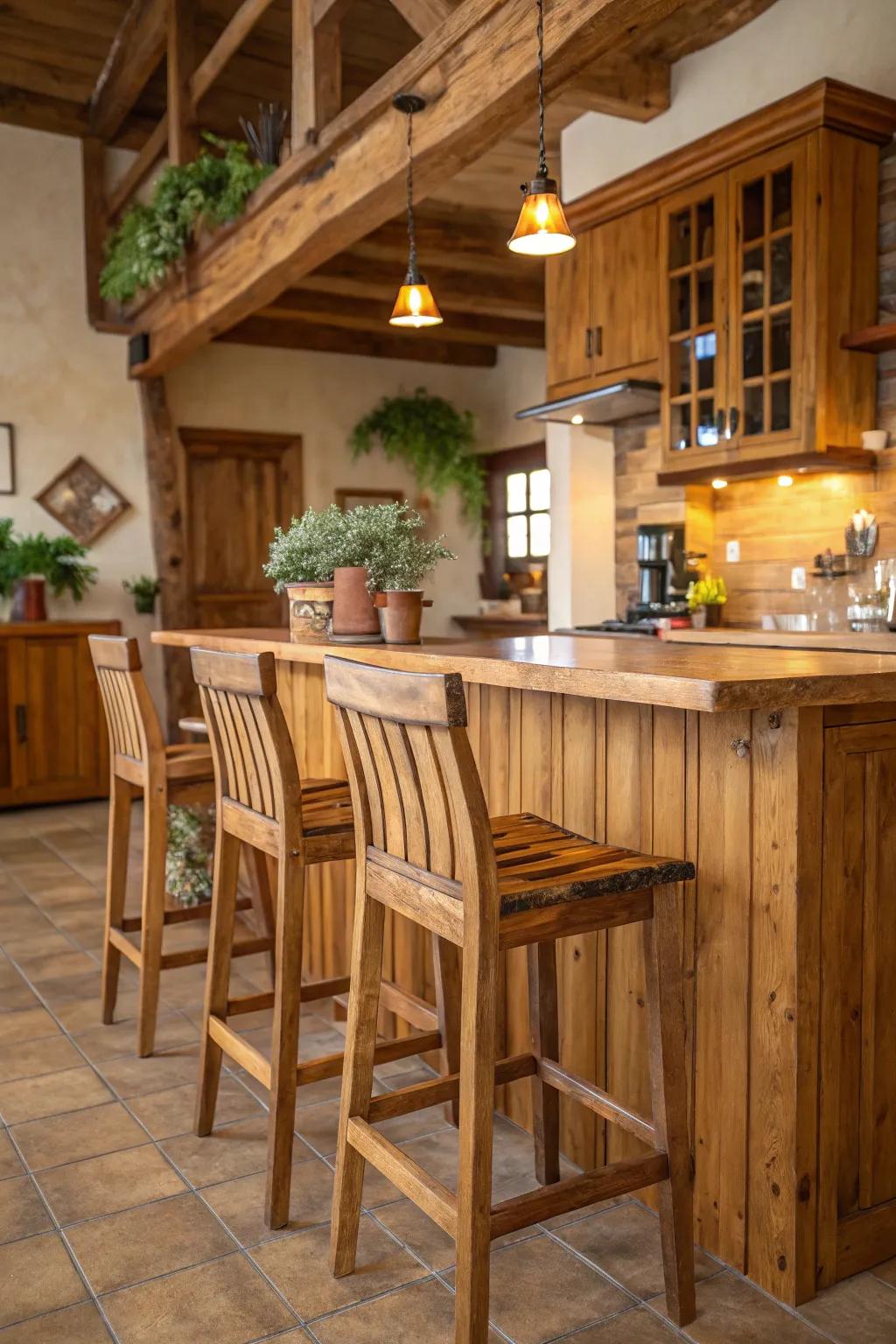 Wooden bar stools with backs offering a rustic charm.