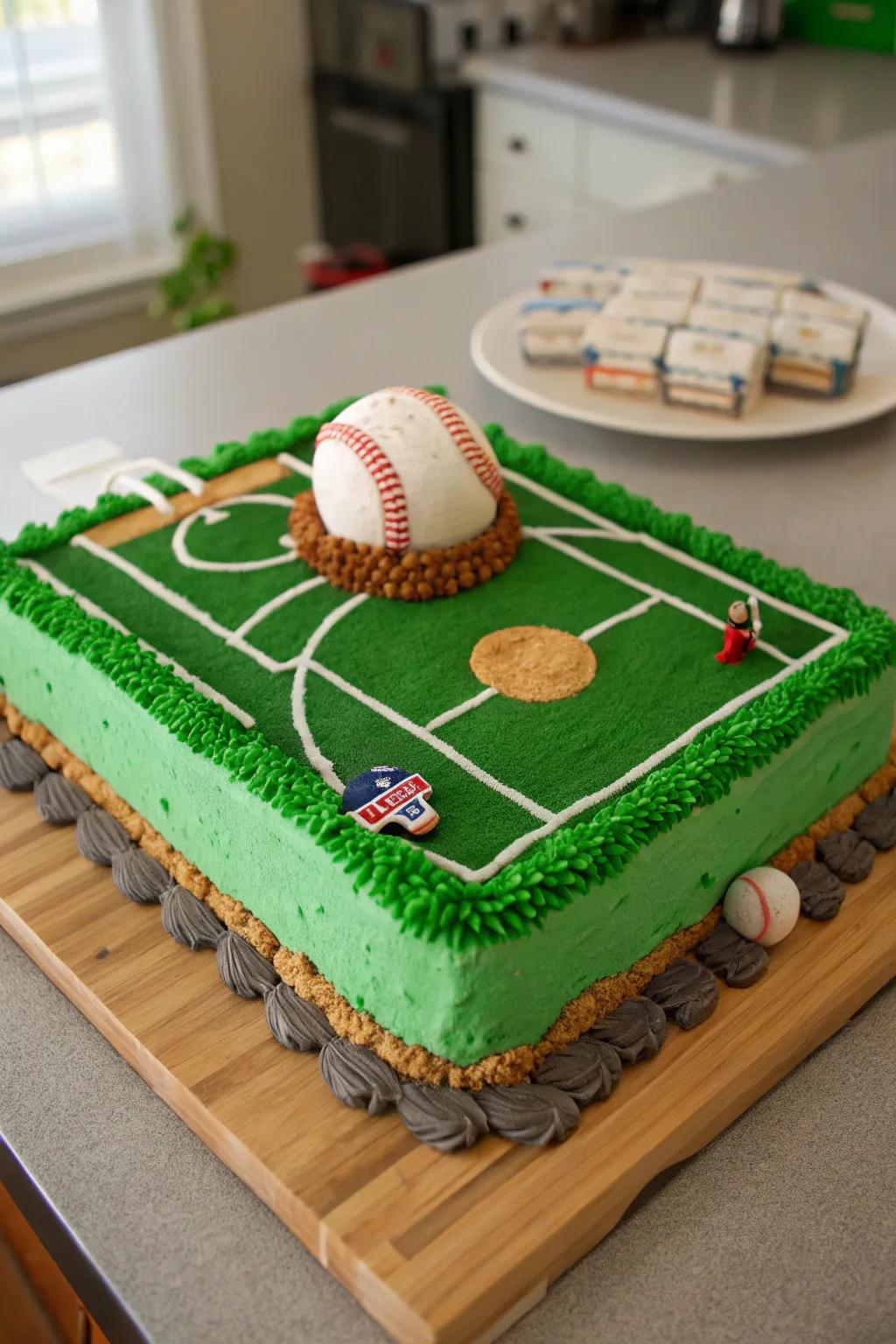 A fun-filled baseball diamond cake, ideal for any sports enthusiast.