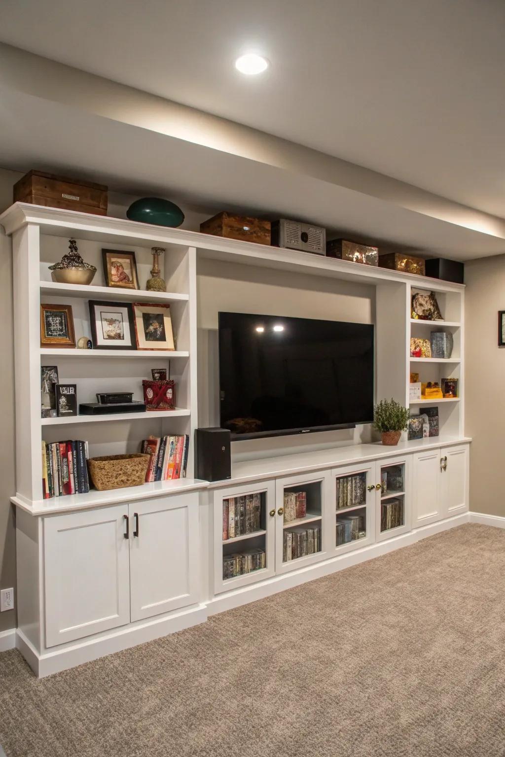 Basement TV wall with integrated shelving surrounding a large flat-screen TV for a stylish and functional look.