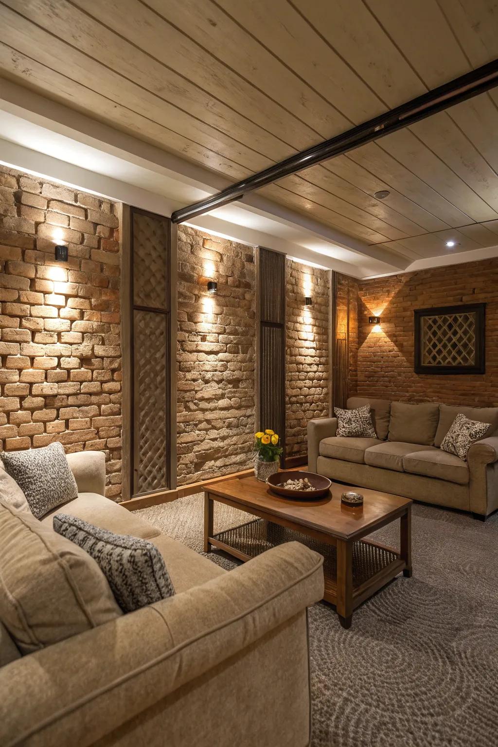 Textured surfaces add depth and warmth to basements.