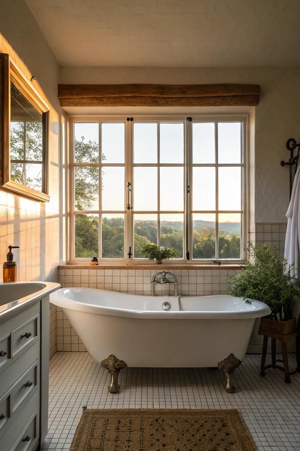 Natural light floods this bathroom, highlighting the elegant bathtub.