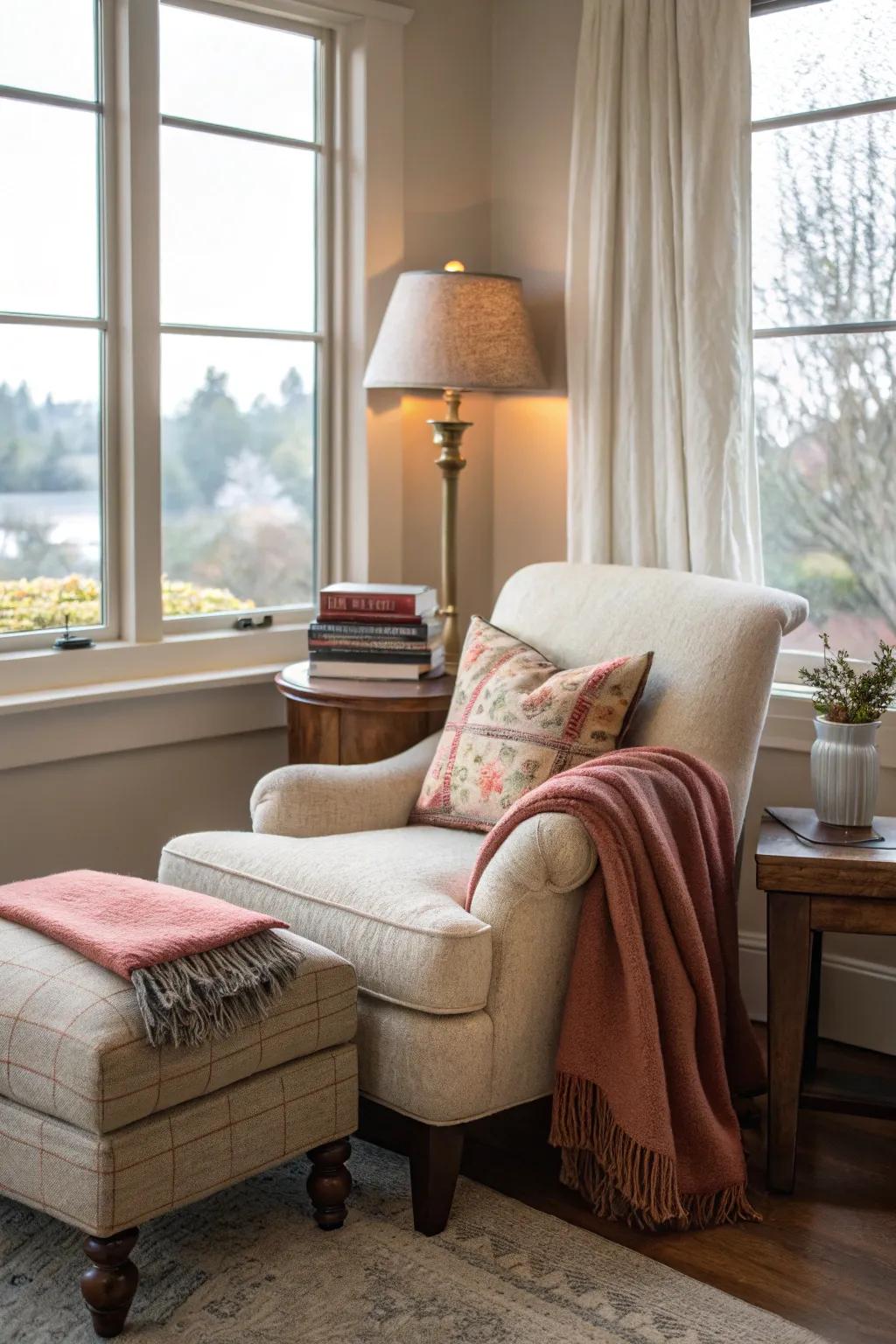 A reading nook adds a touch of personal retreat.