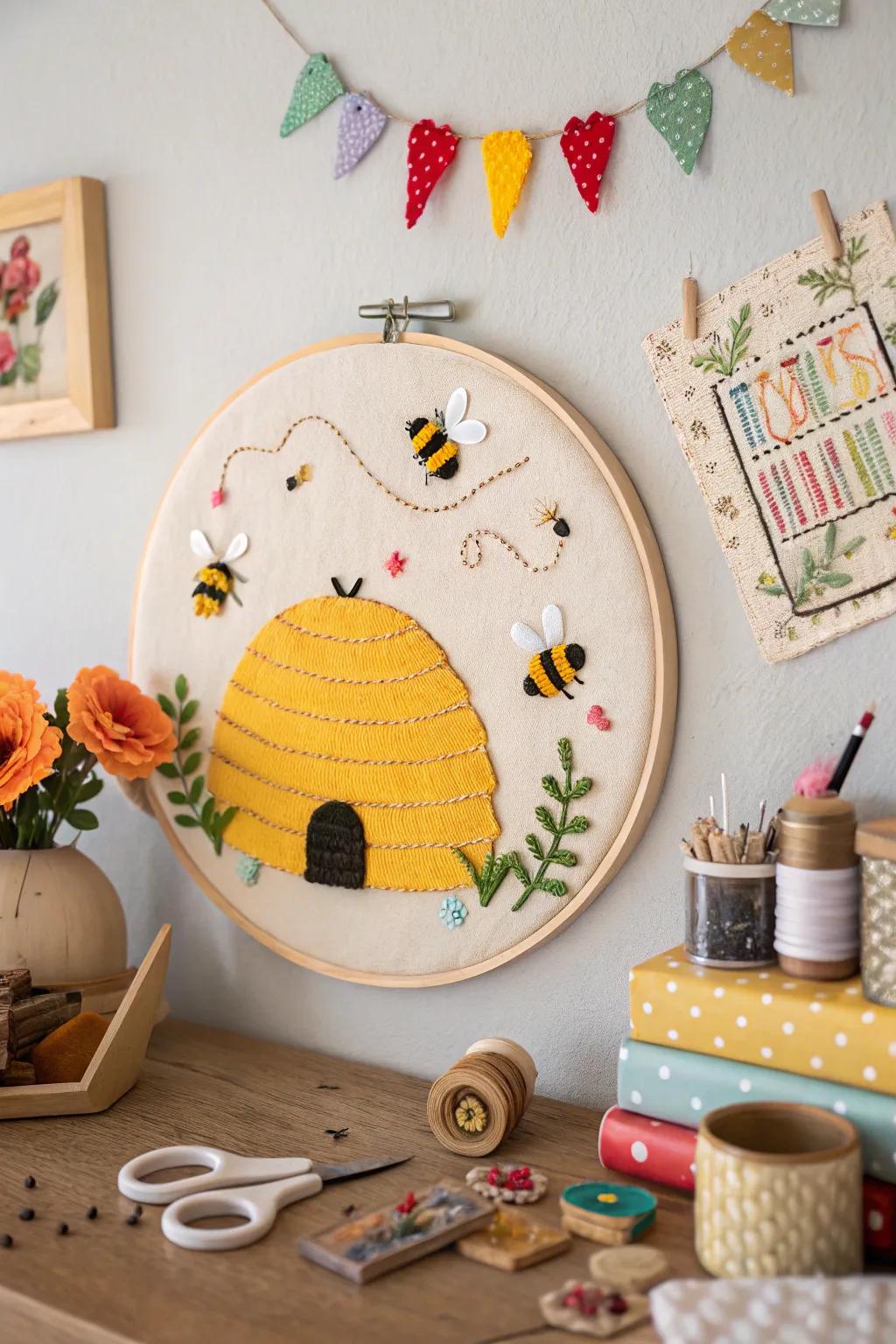 Add a whimsical touch to your craft room with an embroidery hoop beehive.