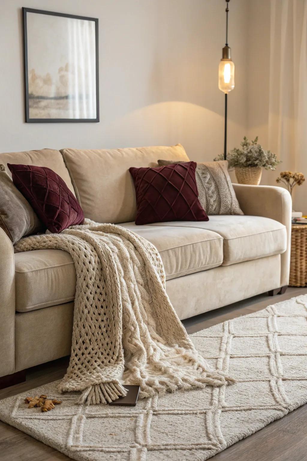 A textured living room showcasing a beige couch with a mix of soft and plush elements.