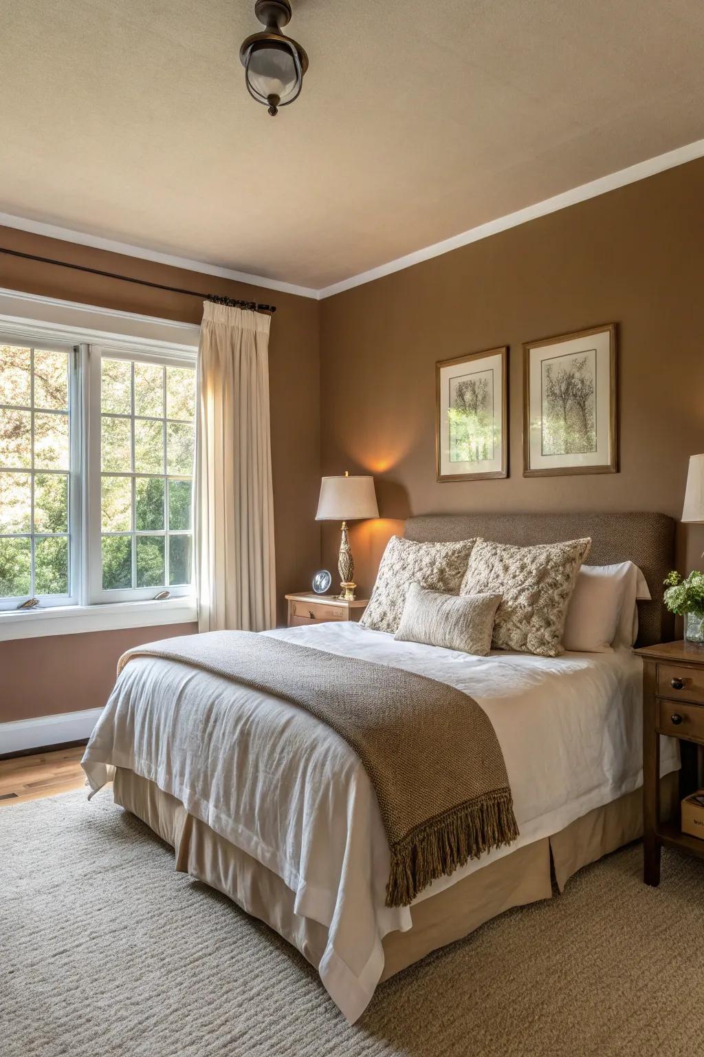 A boudoir fashioned into a serene escape with muted brown shades.