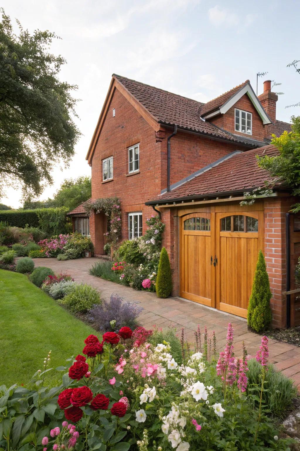 Wooden garage doors provide a classic and warm look to red brick exteriors.