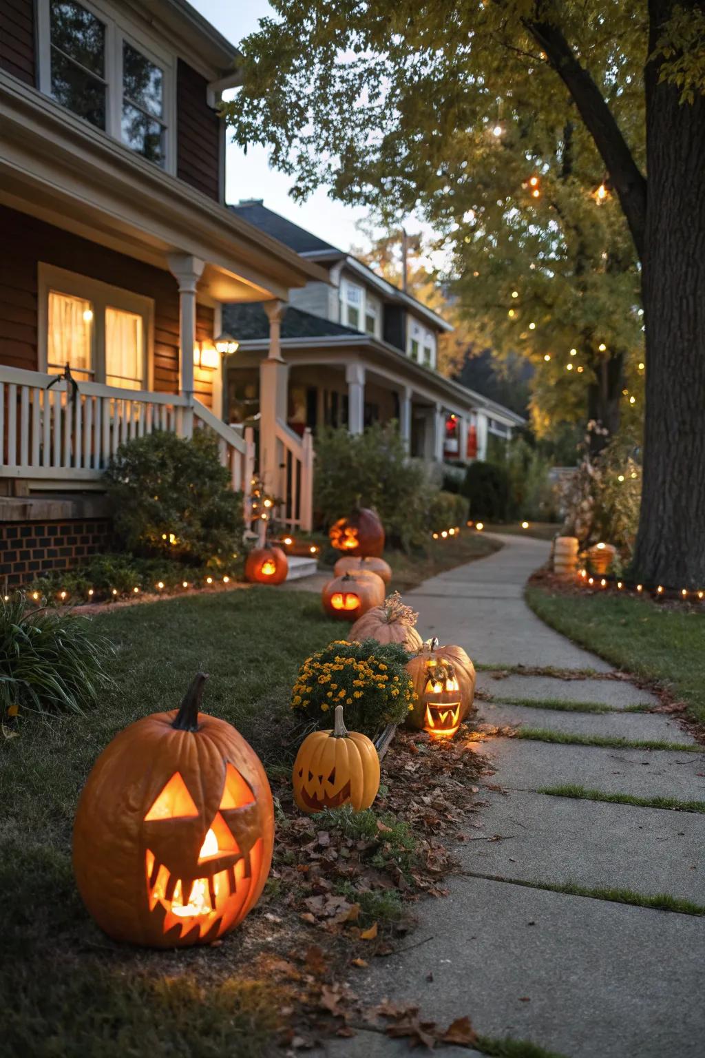 A gourd-lined path lights the way for trick-or-treaters.