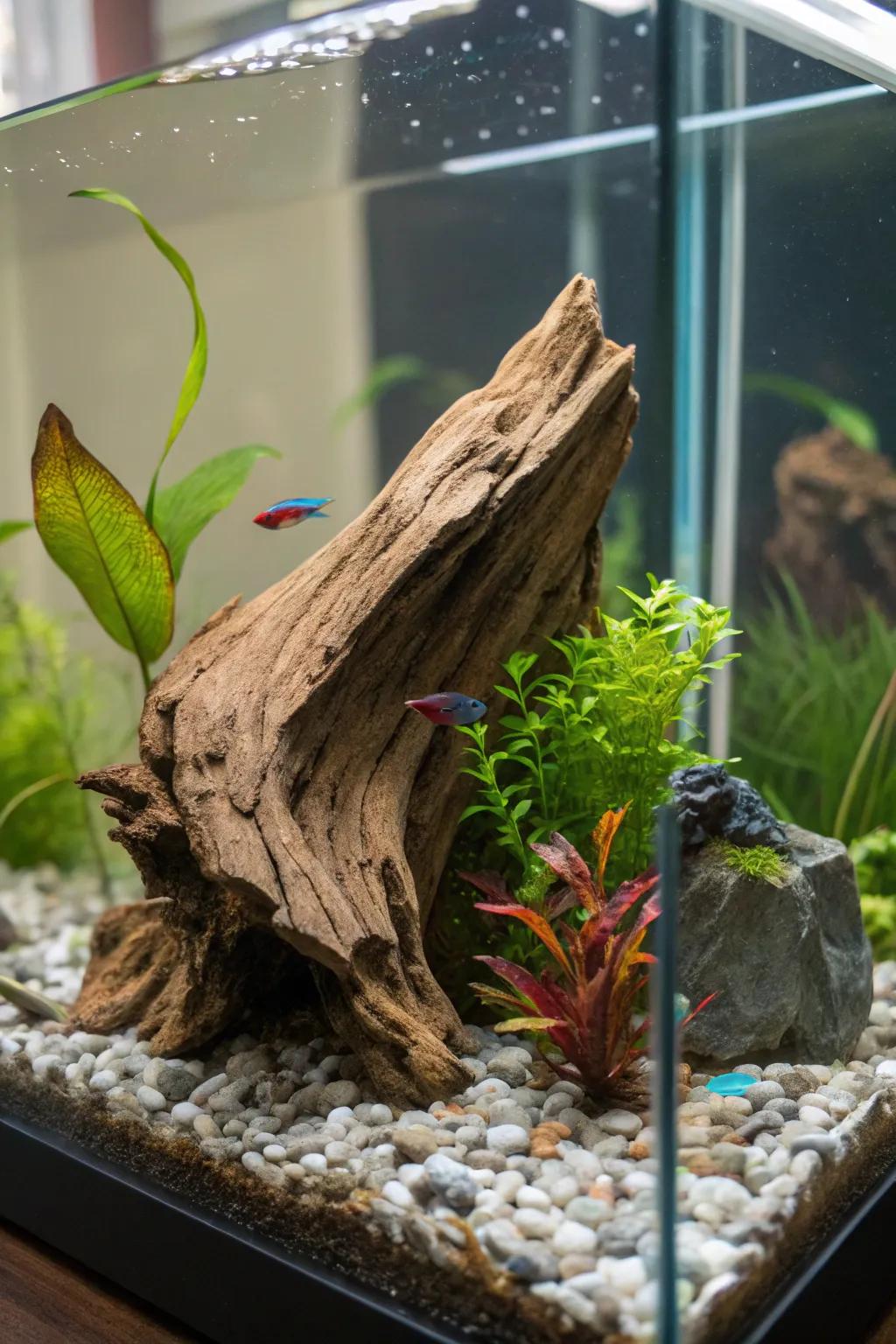 Rustic driftwood adds a natural touch to your betta's home.