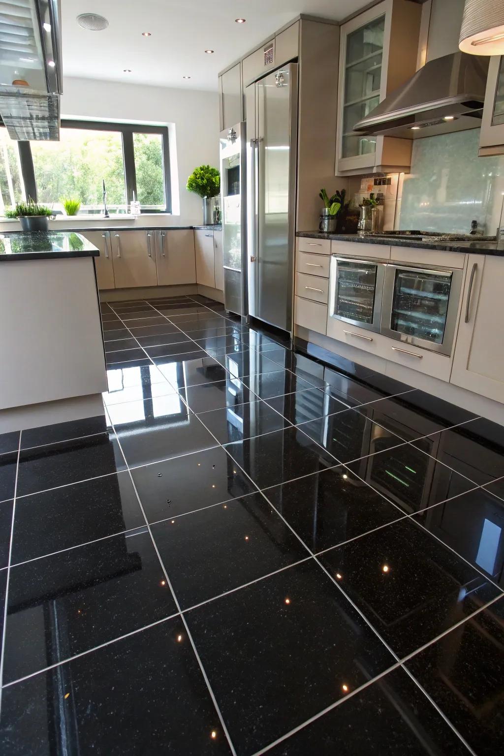 A luxurious kitchen featuring glossy black floor tiles that reflect elegance.