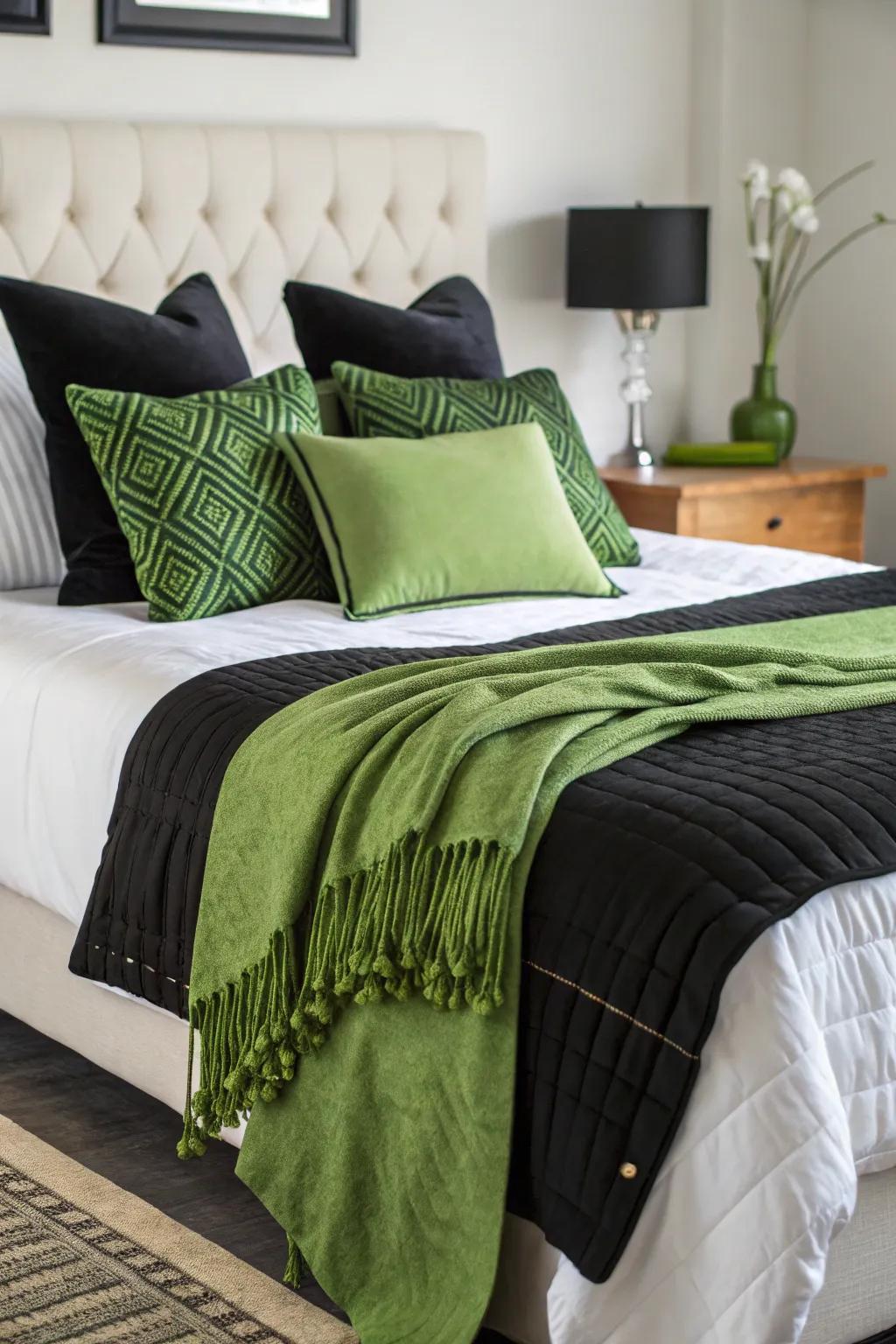 A bed styled with black, white, and green linens for a crisp look.