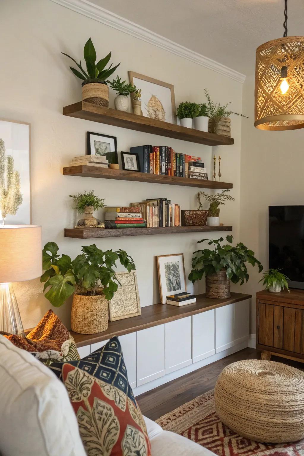 Add depth and interest with floating shelves.