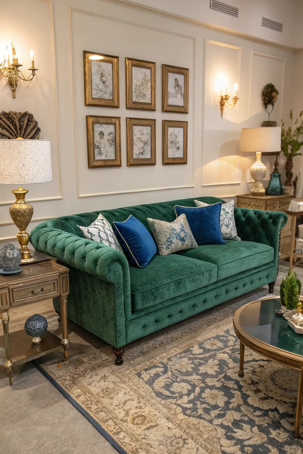 A verdant velvet couch infuses a dash of opulence and ease.