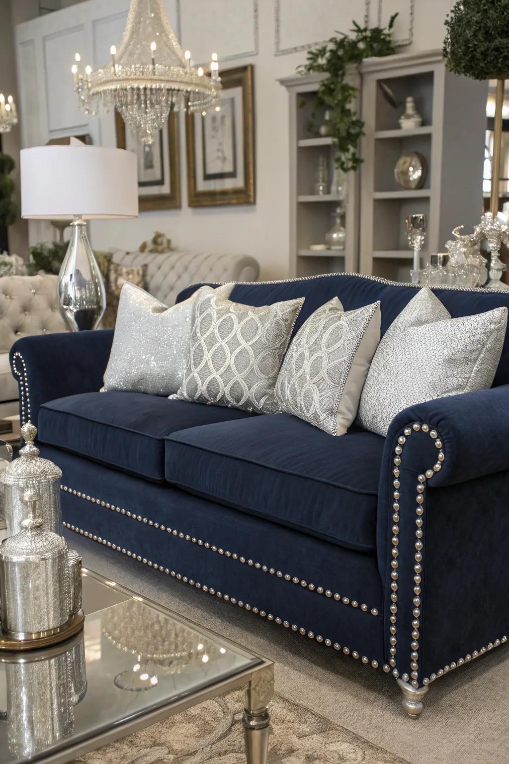 The classic pairing of navy and silver creates a sophisticated living room atmosphere.