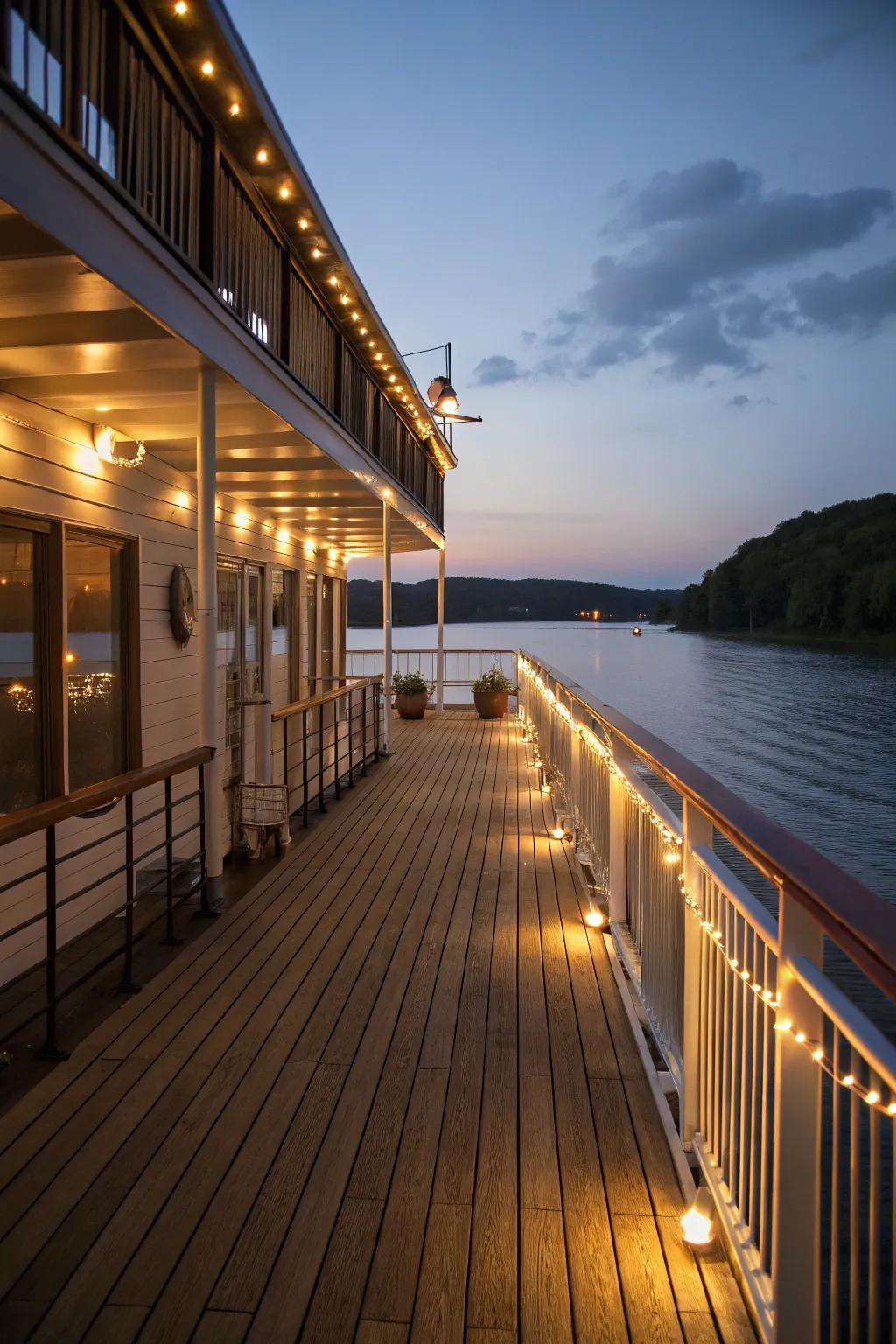 Ambient lighting along the deck railings offers a warm and welcoming glow.