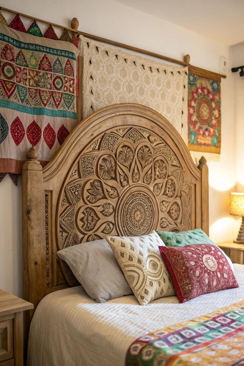 Detailed mandala carvings transform this headboard into a captivating focal point.