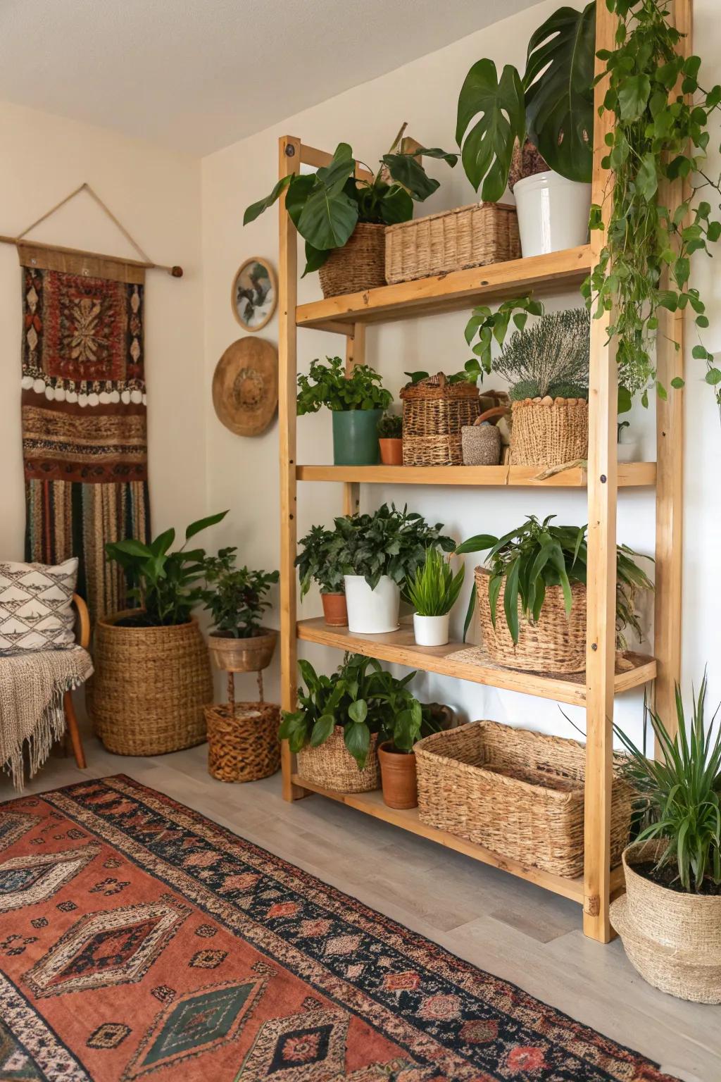 Natural wood and wicker elements complement the bohemian plant room.