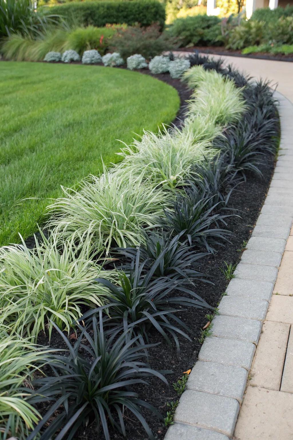 A bold contrast with black mondo grass against light green foliage.