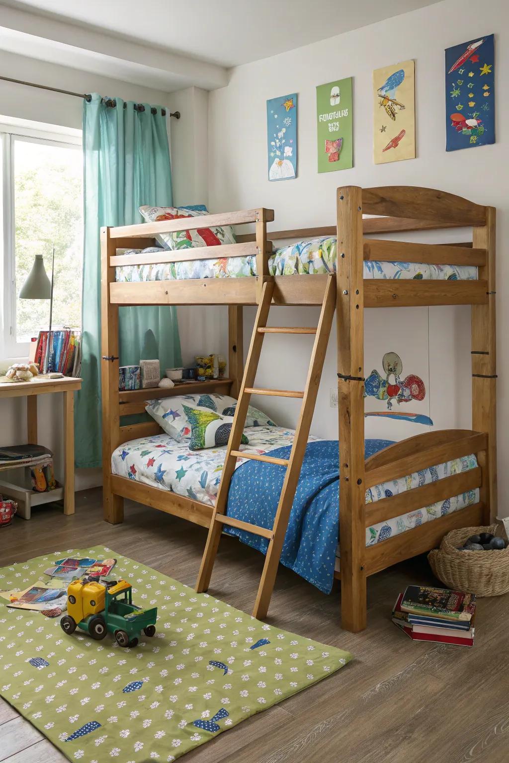 Bunk beds ingeniously maximize vertical space for both sleep and play.