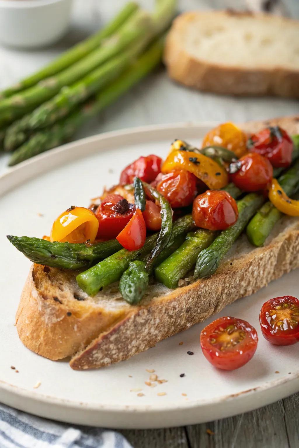 Transform your toast with a colorful medley of roasted vegetables for a delightful breakfast.