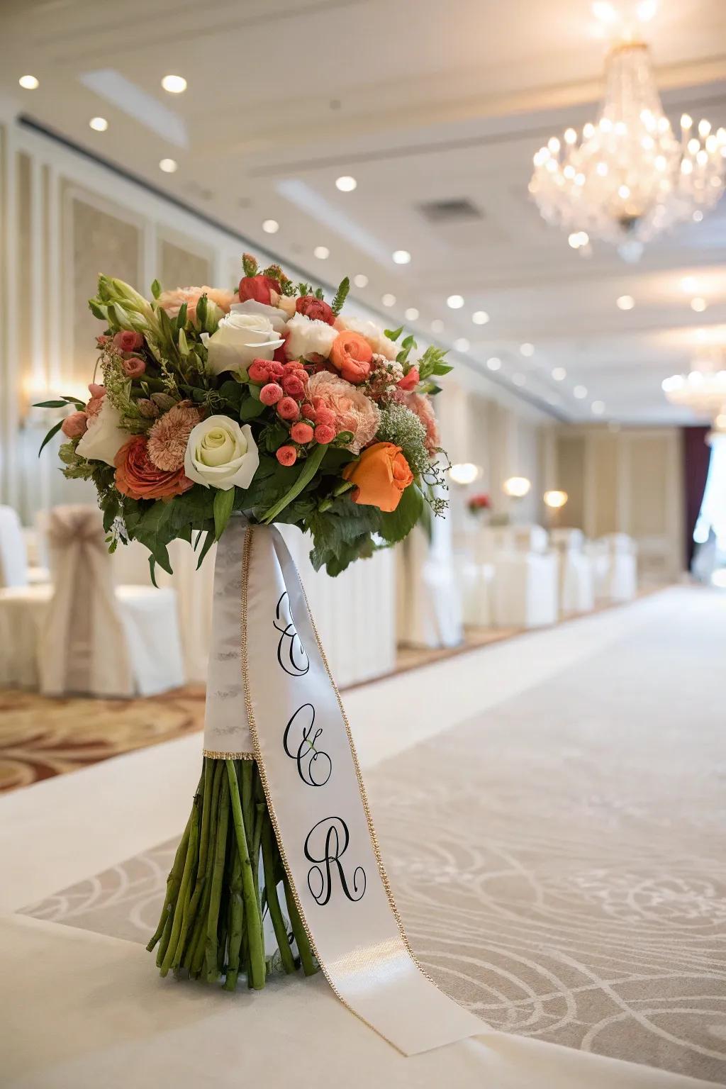 A monogrammed band introducing that personal touch to any wedding bouquet.