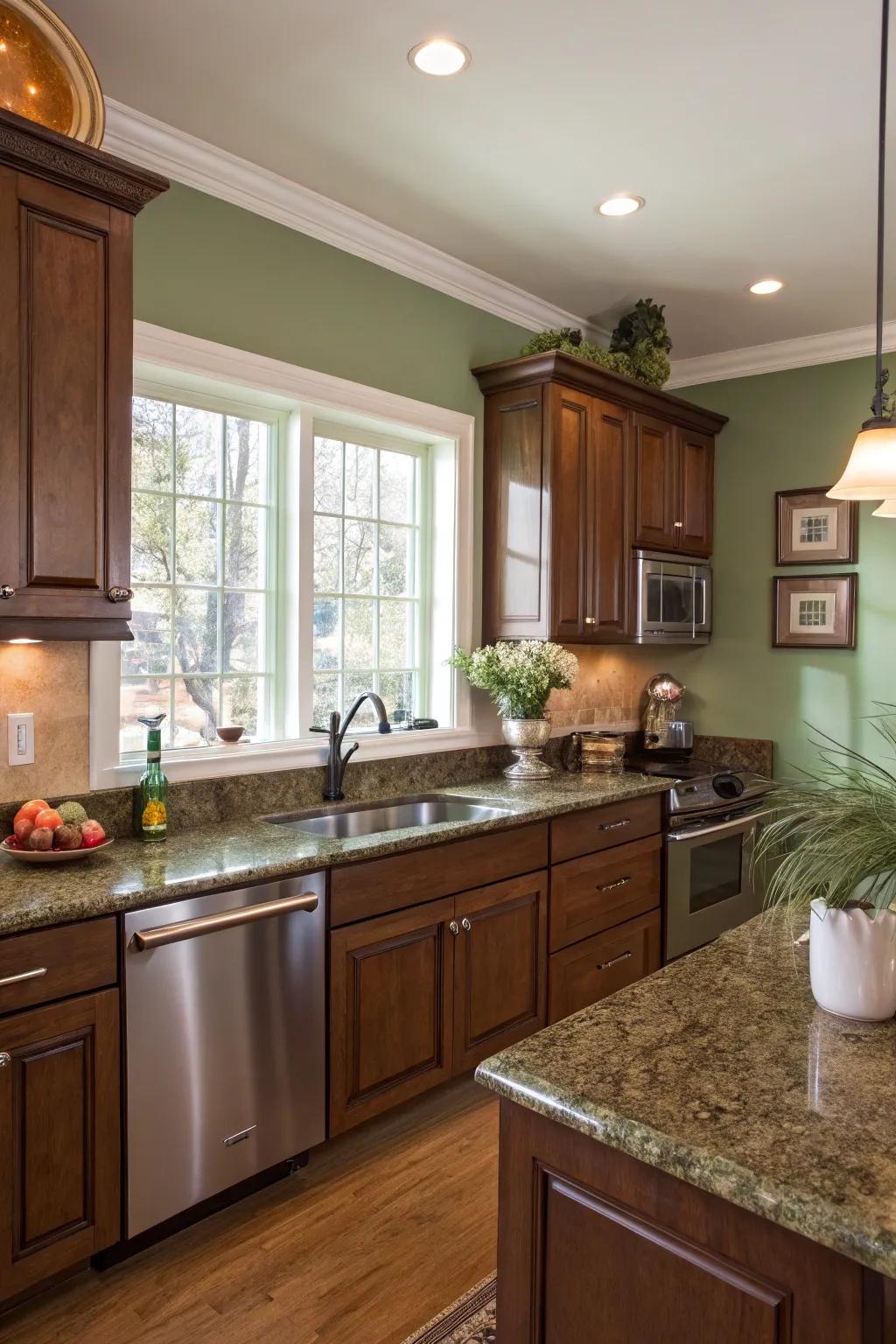 Sage green walls enhance the natural beauty of brown granite.