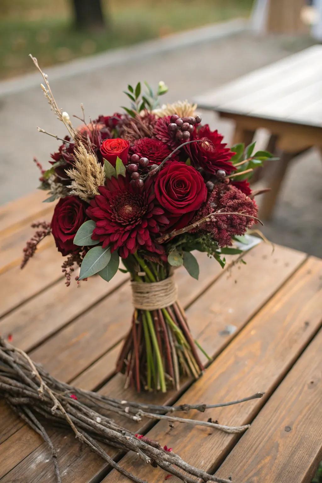 Earthy wedding flowers featuring sprigs and deep red flowers.