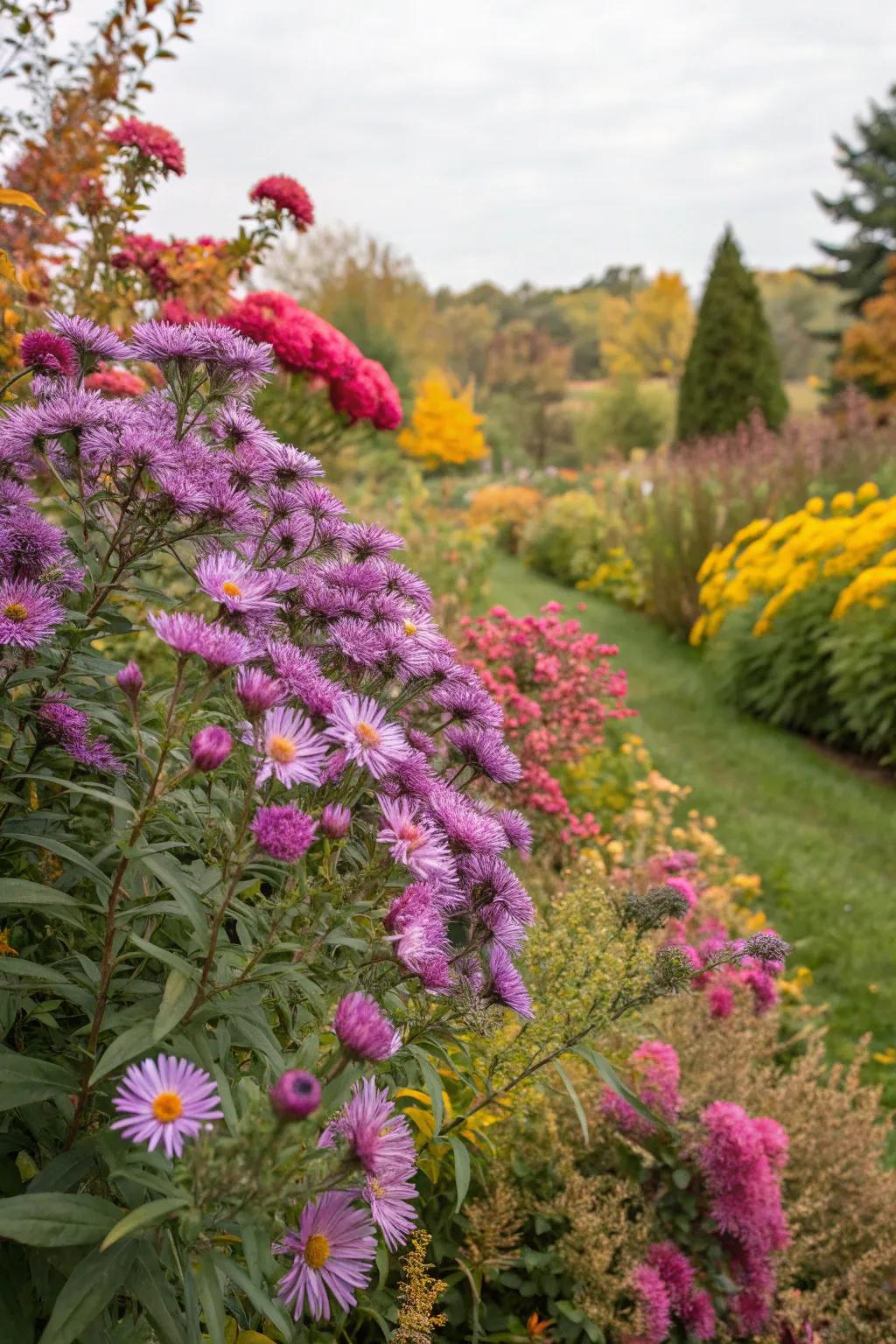 Asters add a touch of fall magic to the butterfly bush ensemble.