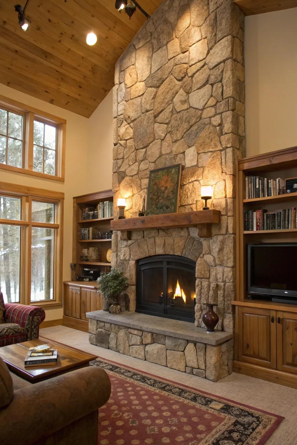 Cozy fireplace with a stunning stone accent wall.