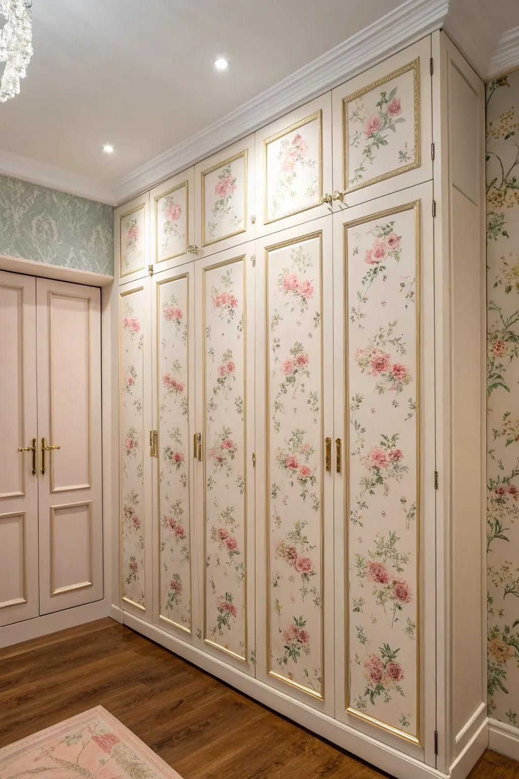 Floral wallpaper adds charm to these cabinet doors.