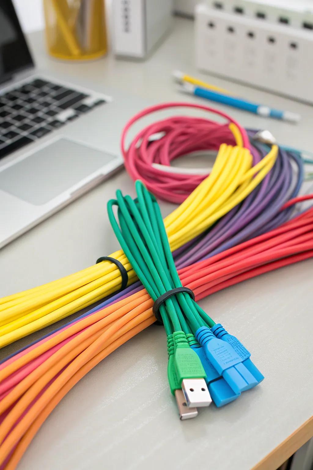 Colorful cable ties bundling cables neatly.