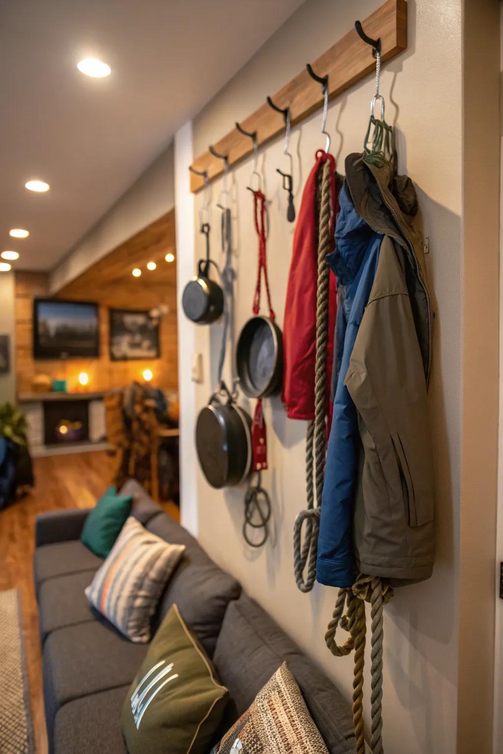 Wall hooks provide a simple and effective storage solution for camping gear.