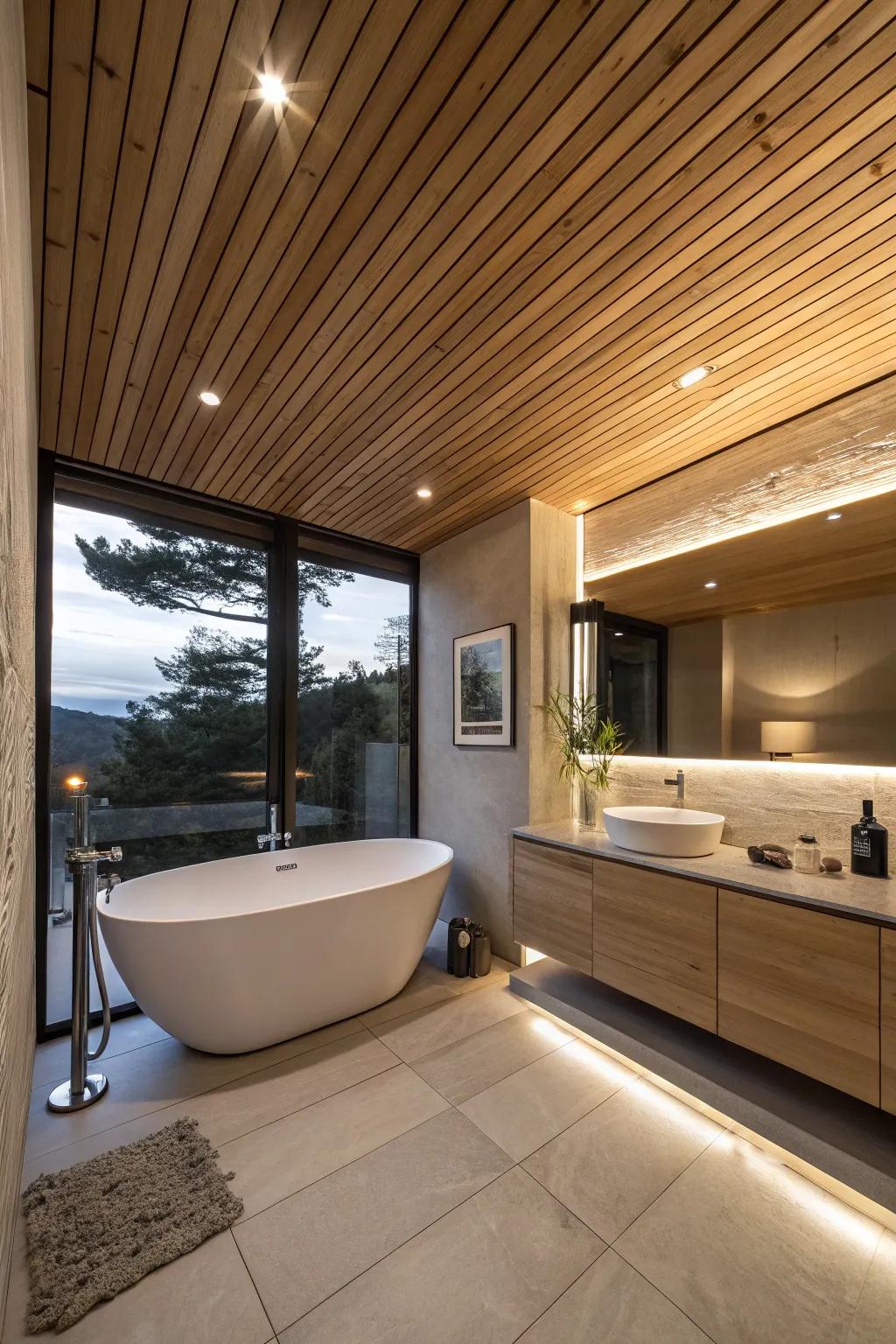 A contemporary bathroom showcases an amber canopy ceiling, generating a spa-inspired mood.