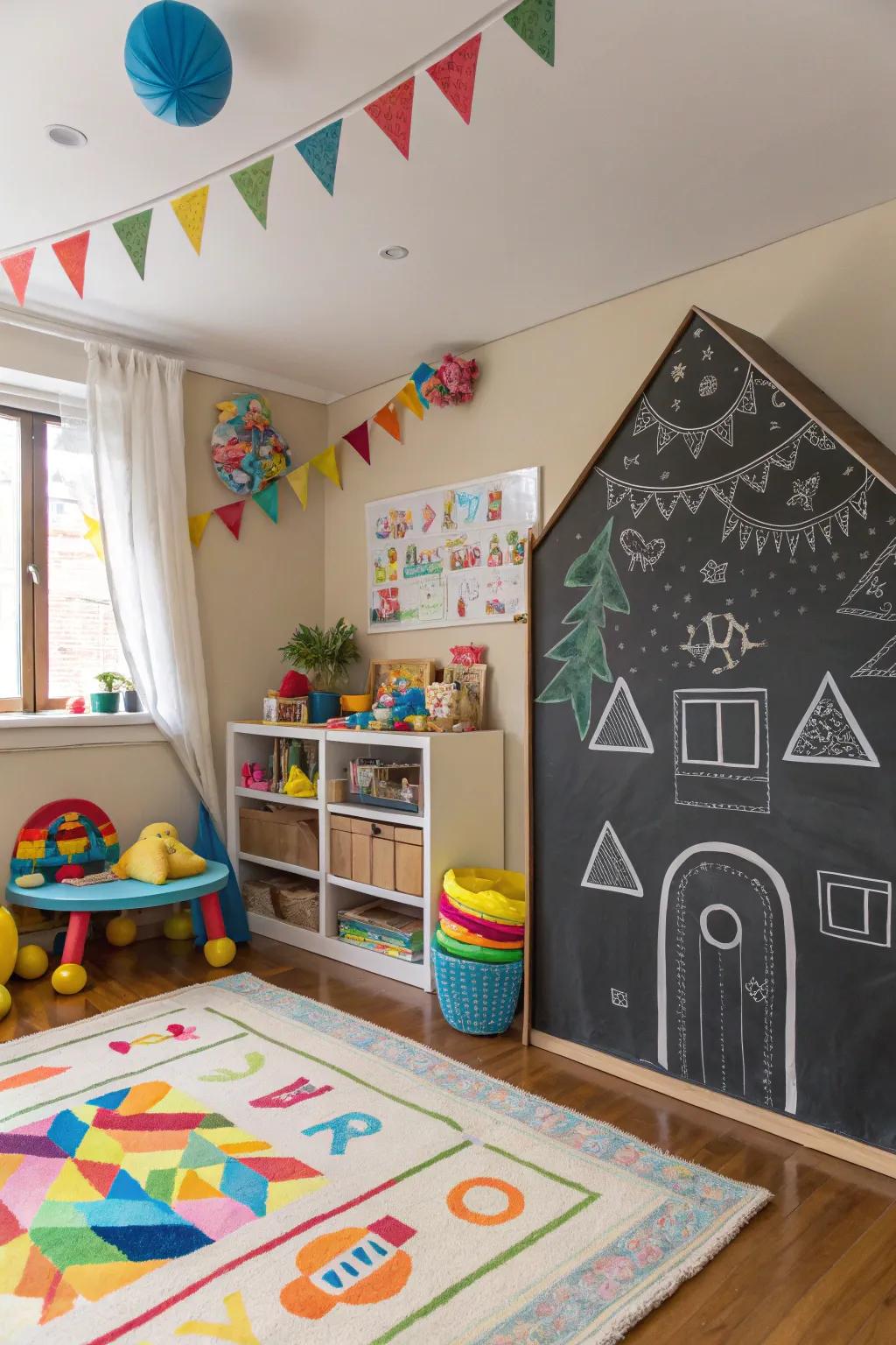 A chalkboard wall in the shape of a house adds charm and fun.