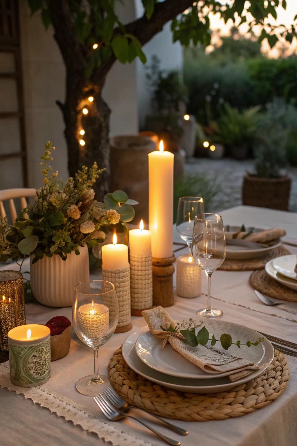 Mixed candles create a magical ambiance.